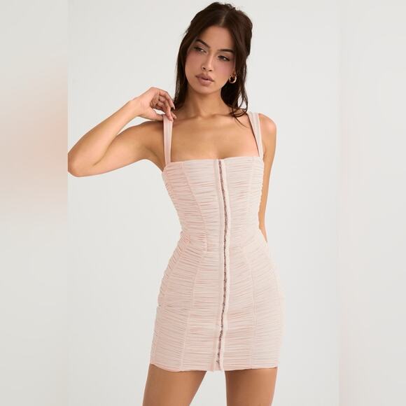 House of CB Cate Crystal Ruched Mesh Mini Bodycon Dress XL Pink - Picture 2 of 8
